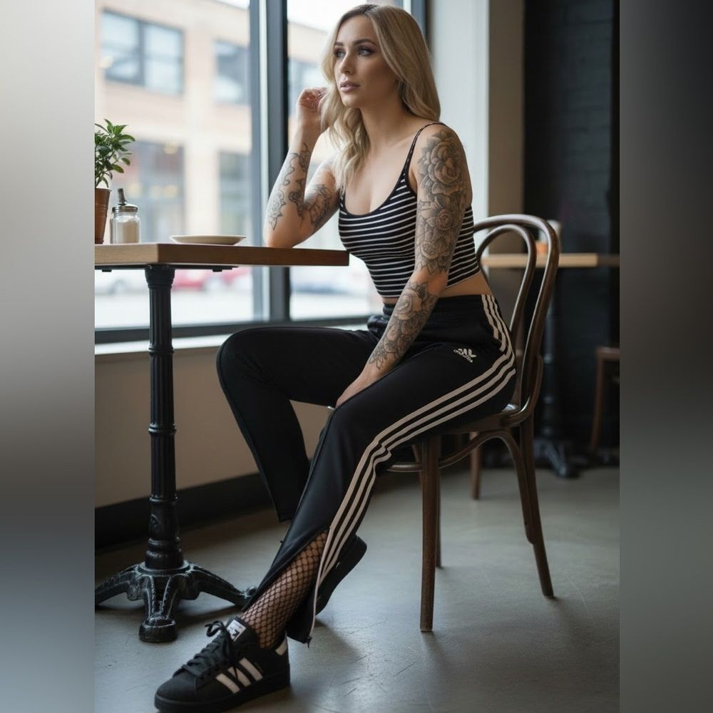 Adidas Women's Black and White Striped Tiro Ankle Zip Slim Leg Athletic Pants